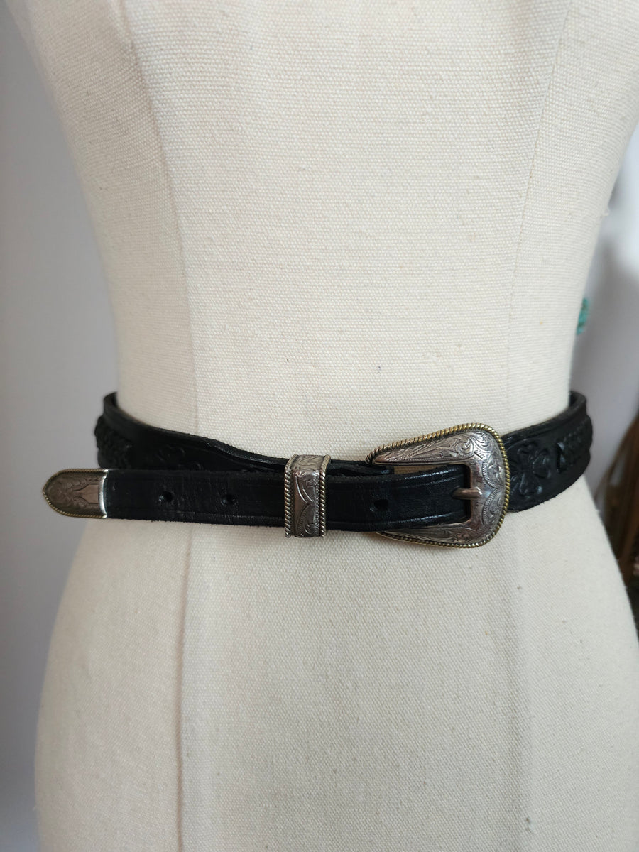 Vintage 1997 Black Leather Western Belt with Engraved Silver Buckle M/L