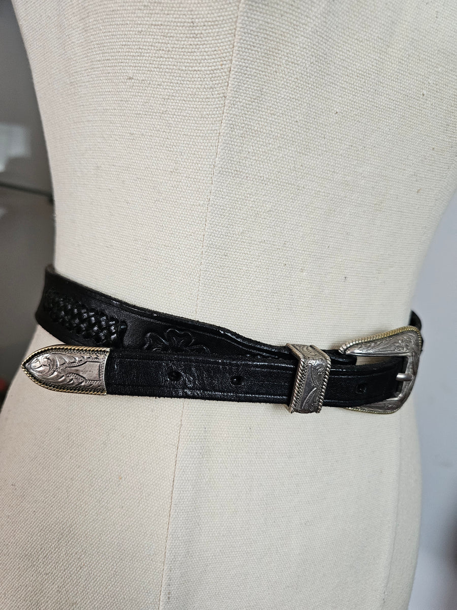 Vintage 1997 Black Leather Western Belt with Engraved Silver Buckle M/L