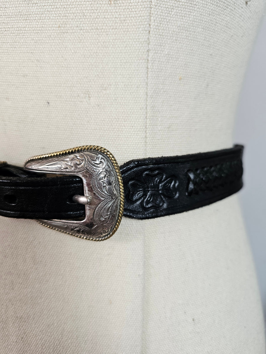 Vintage 1997 Black Leather Western Belt with Engraved Silver Buckle M/L