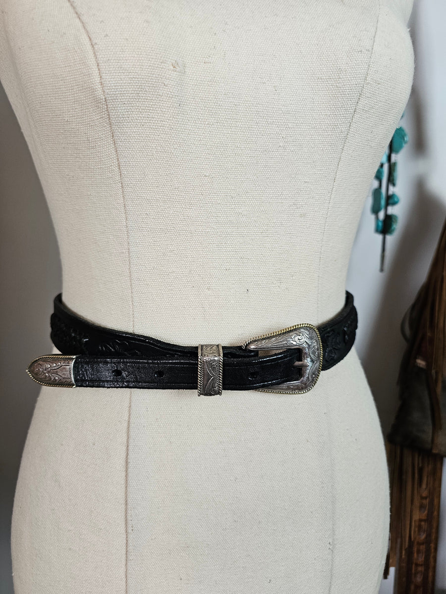 Vintage 1997 Black Leather Western Belt with Engraved Silver Buckle M/L