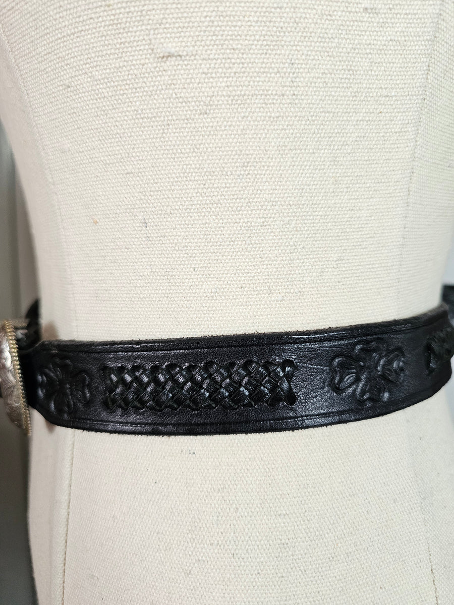 Vintage 1997 Black Leather Western Belt with Engraved Silver Buckle M/L