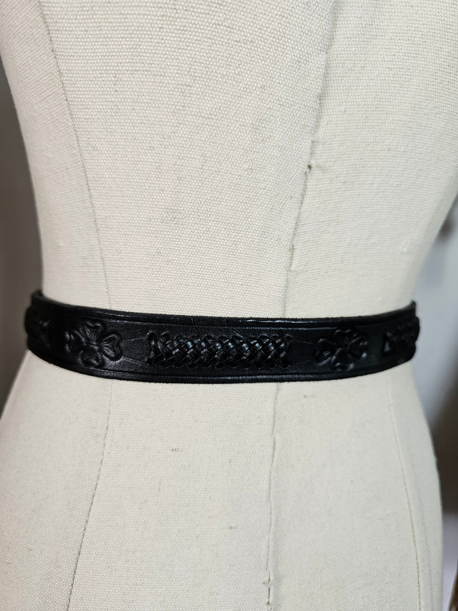 Vintage 1997 Black Leather Western Belt with Engraved Silver Buckle M/L