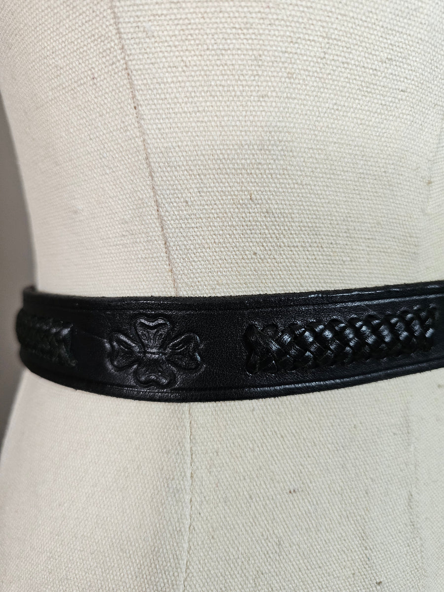 Vintage 1997 Black Leather Western Belt with Engraved Silver Buckle M/L