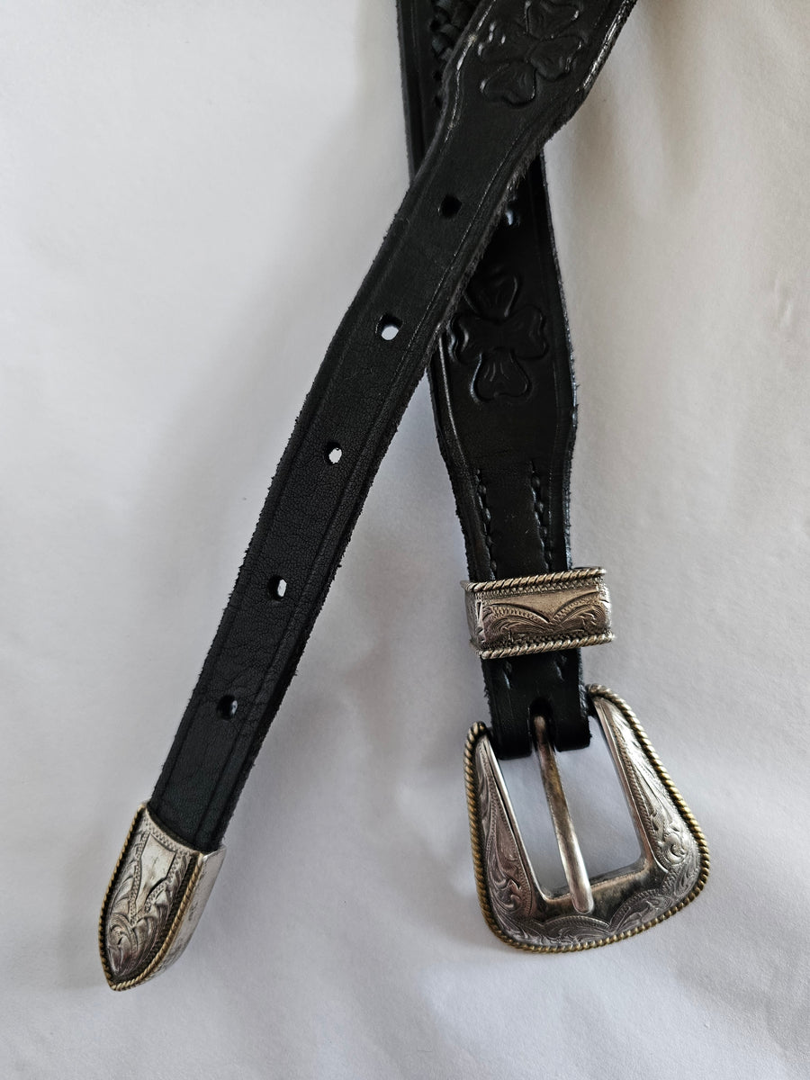 Vintage 1997 Black Leather Western Belt with Engraved Silver Buckle M/L