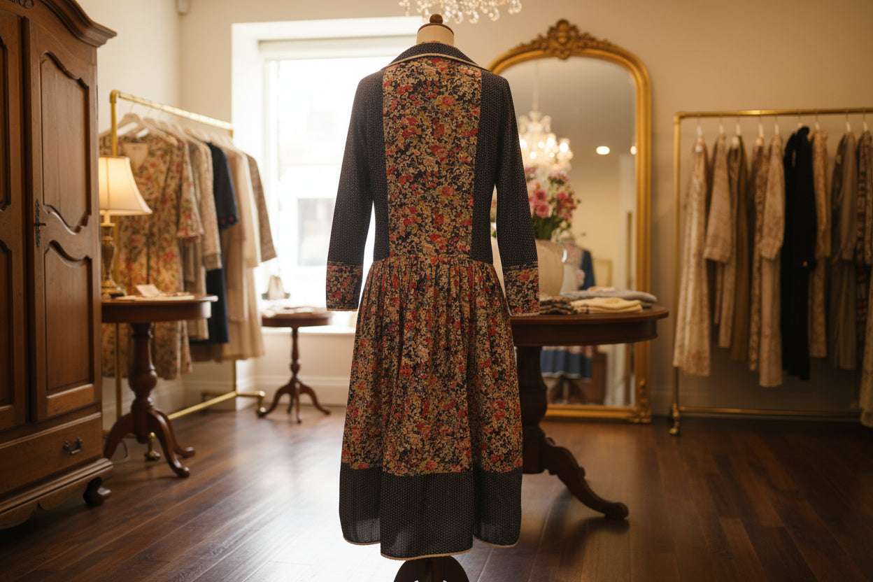 Floral dress with navy accents on a mannequin against a plain background