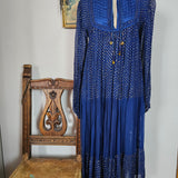 Vintage Adini Quilted Yoke Dress in Midnight Blue & Gold – Made in India (Size S/10)