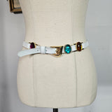 Vintage White Leather Belt with Jewel Tones – 80s Glam Vibes