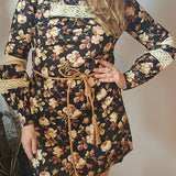 Vintage 60s Black Floral Cotton Folk Mini Dress | Size Small