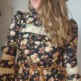 Vintage 60s Black Floral Cotton Folk Mini Dress | Size Small