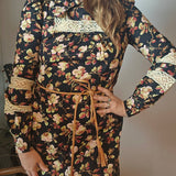 Vintage 60s Black Floral Cotton Folk Mini Dress | Size Small