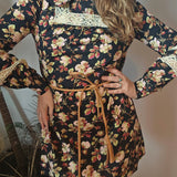 Vintage 60s Black Floral Cotton Folk Mini Dress | Size Small