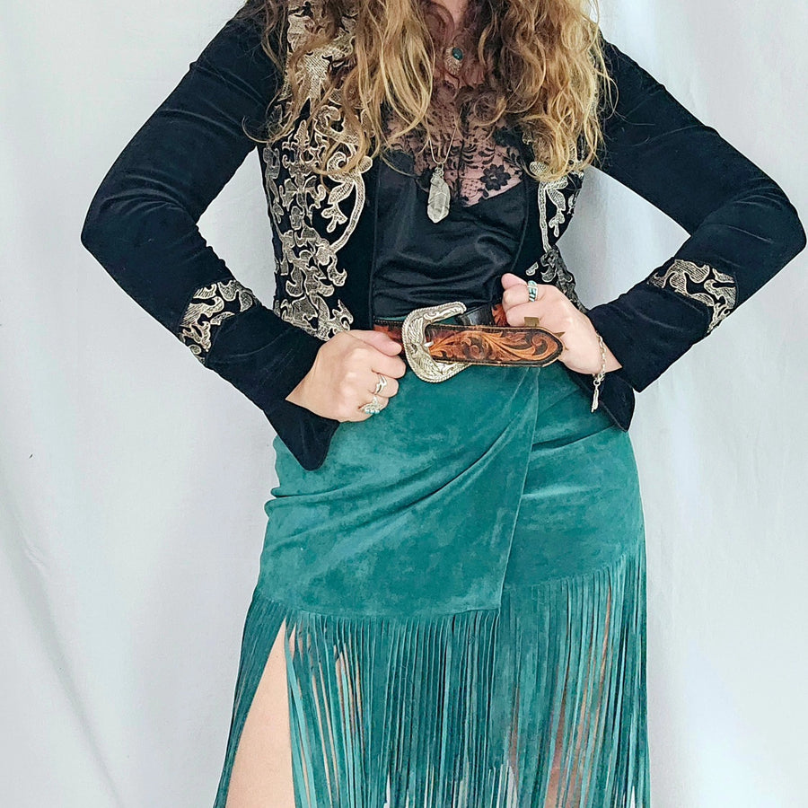 Tigerlily Emerald Noto Suede Fringe Skirt 8