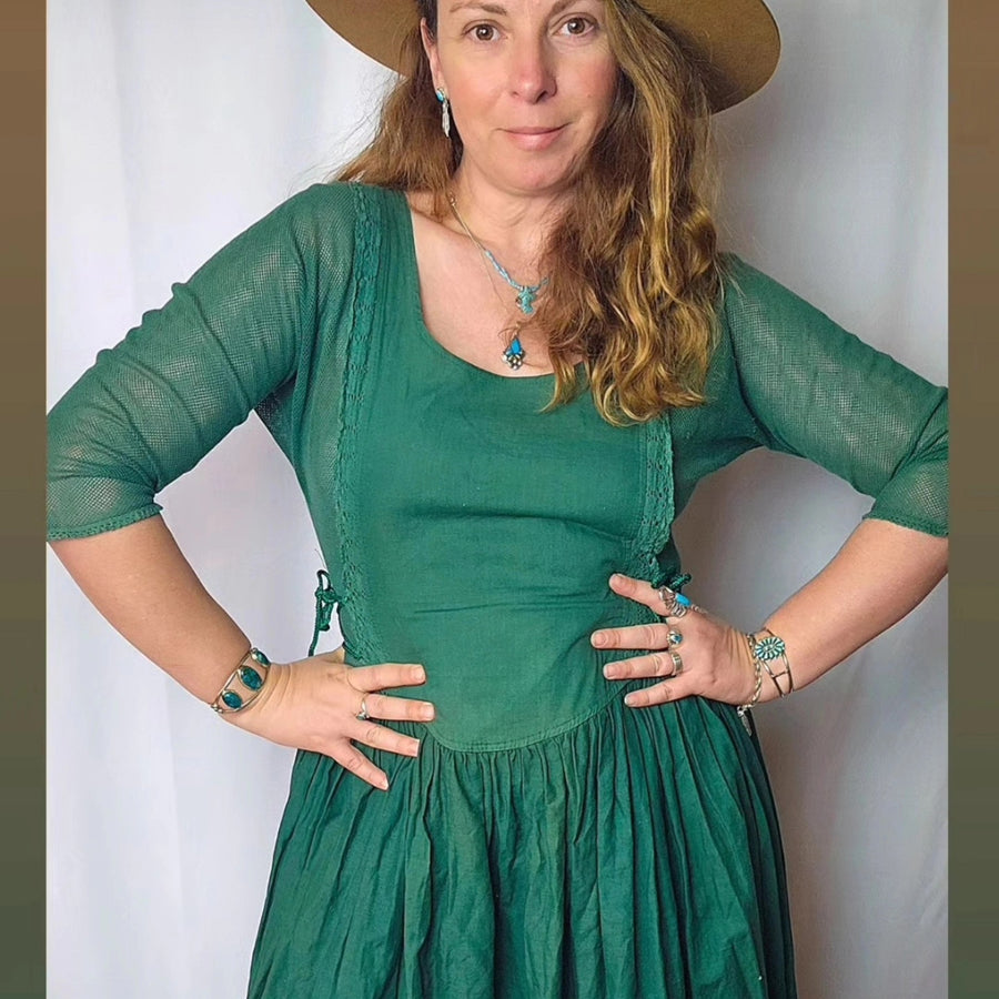 Vintage 1970s Green Cotton Lace Up Peasant Dress M