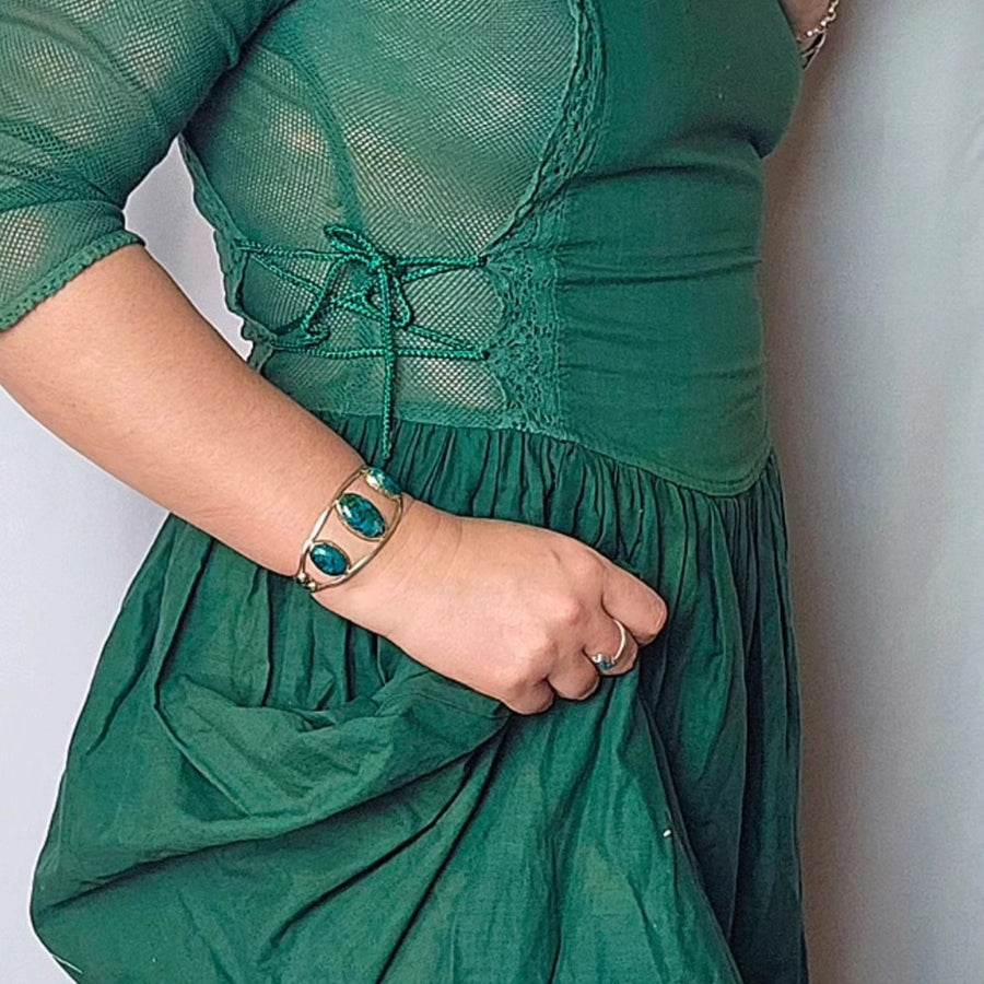 Vintage 1970s Green Cotton Lace Up Peasant Dress M