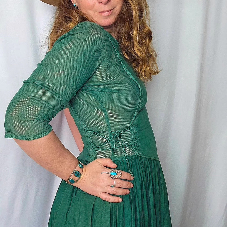 Vintage 1970s Green Cotton Lace Up Peasant Dress M