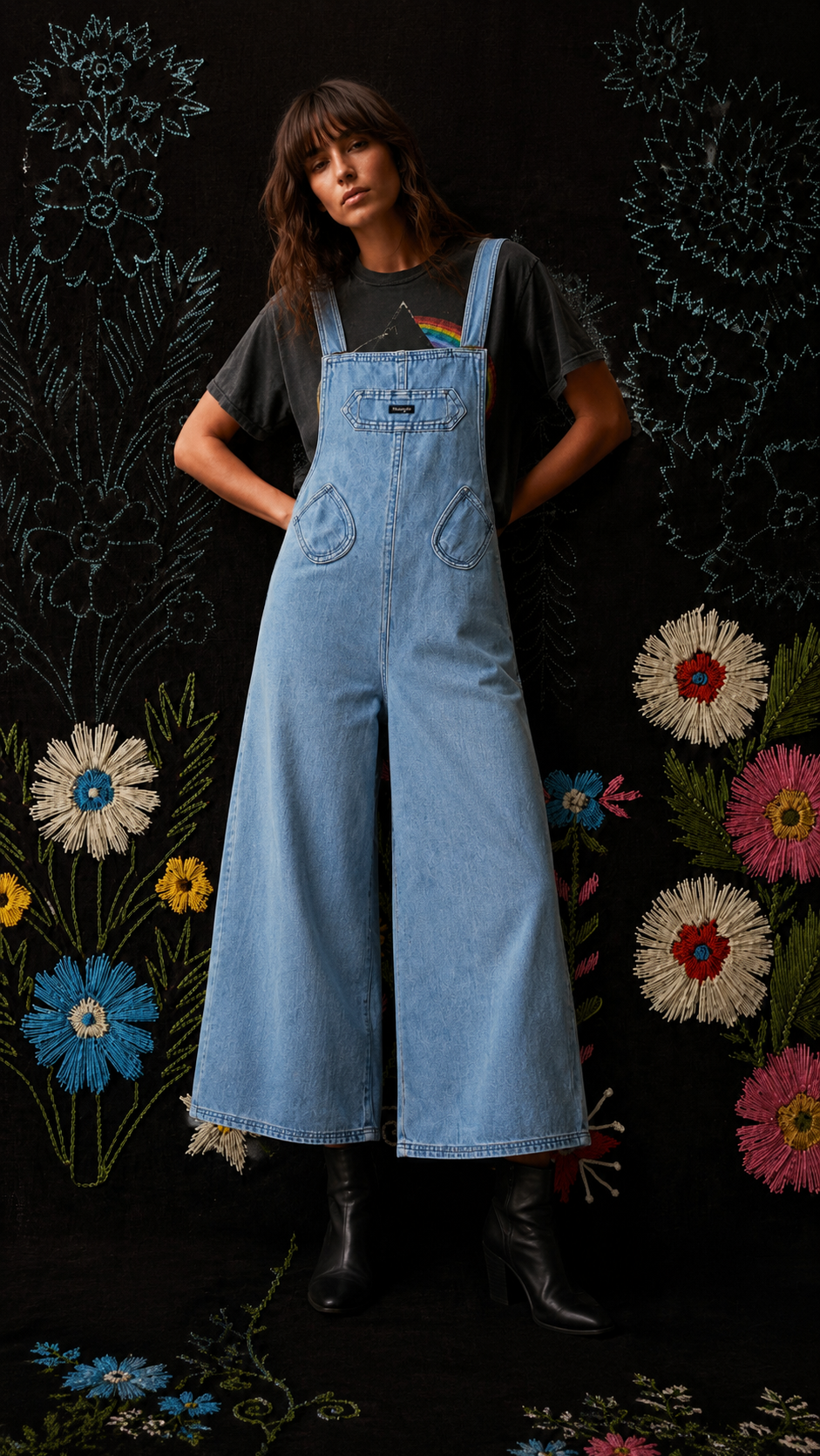 Person wearing a denim overalls with a floral and black patterned background