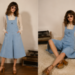 Woman wearing a blue denim dress in various poses in a room with a brown leather chair.