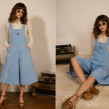 Woman wearing a blue denim dress in various poses in a room with a brown leather chair.