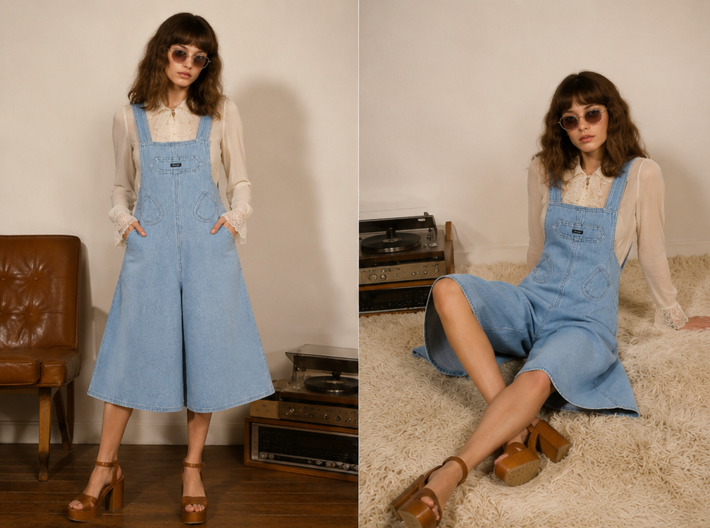 Woman wearing a blue denim dress in various poses in a room with a brown leather chair.