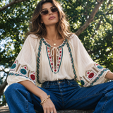Bohemian Embroidered Cotton Cheesecloth Blouse – Cream – AU 12