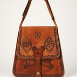 Vintage Brown Tooled Leather Saddle Bag
