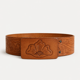 Vintage Tan Leather Belt – Embossed Leaf Design