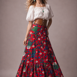 Vintage 1970s Red Floral Maxi Skirt 8