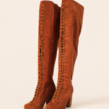 Rust Velvet-Feel Lace-Up Over-the-Knee Boots 7/8