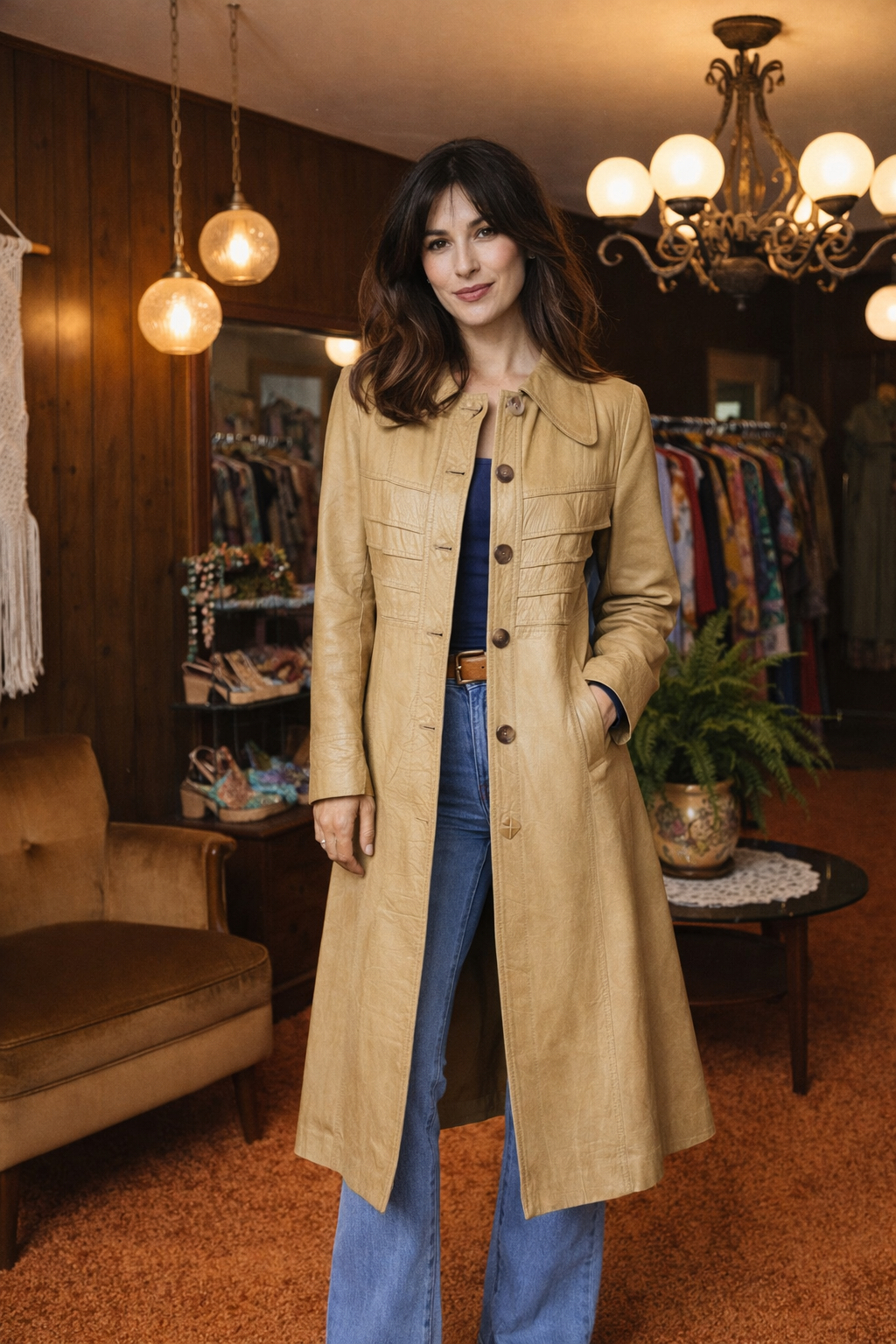 Woman wearing a beige coat in a clothing store with wooden walls and hanging lights.