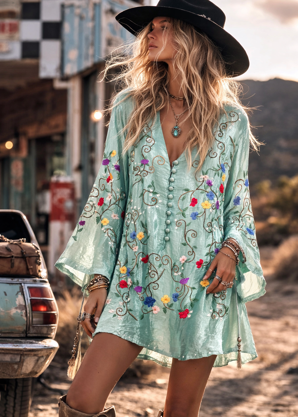 Woman in a floral dress and black hat standing in a desert setting with a vintage truck.