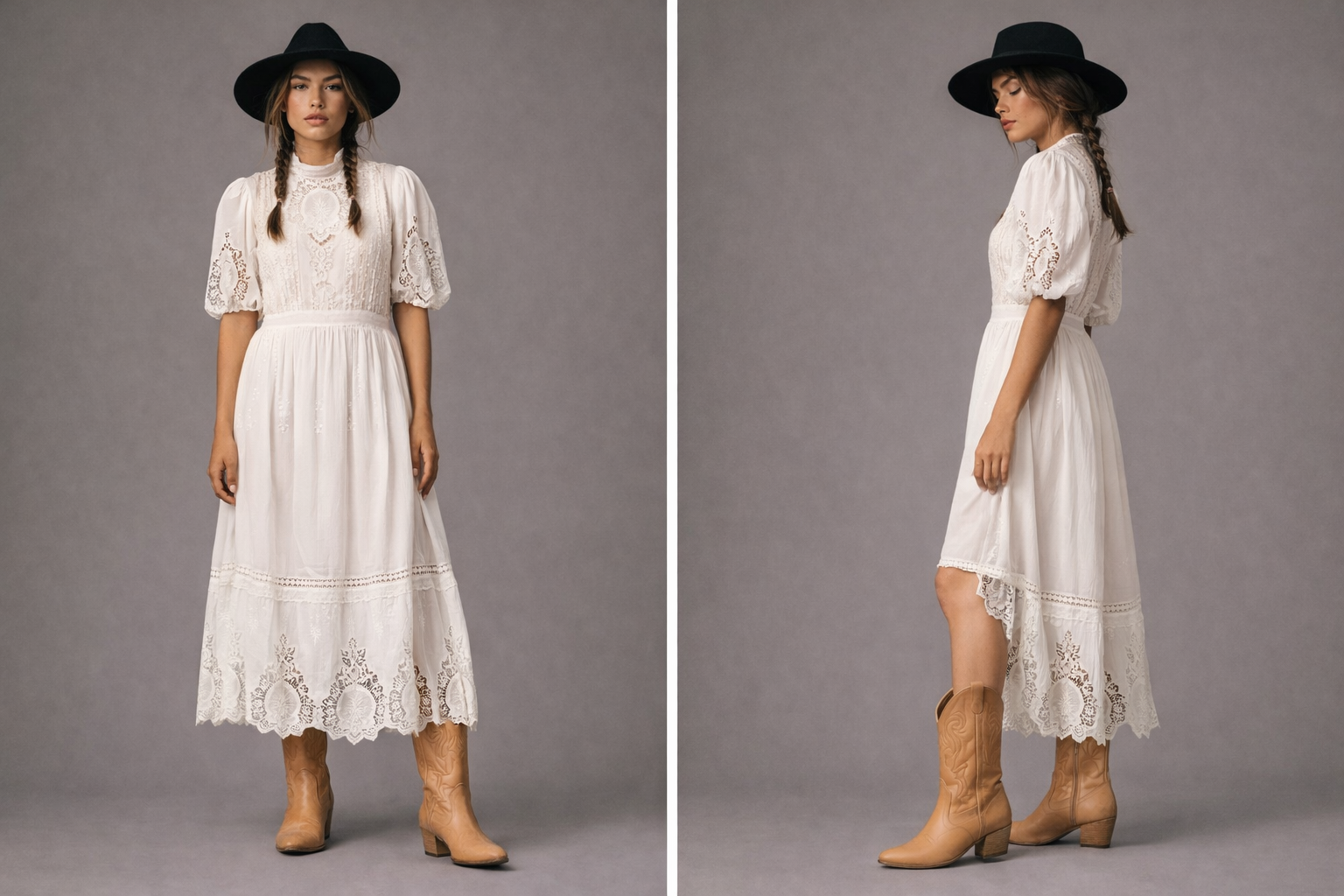 Woman wearing a white lace dress and brown boots against a gray background