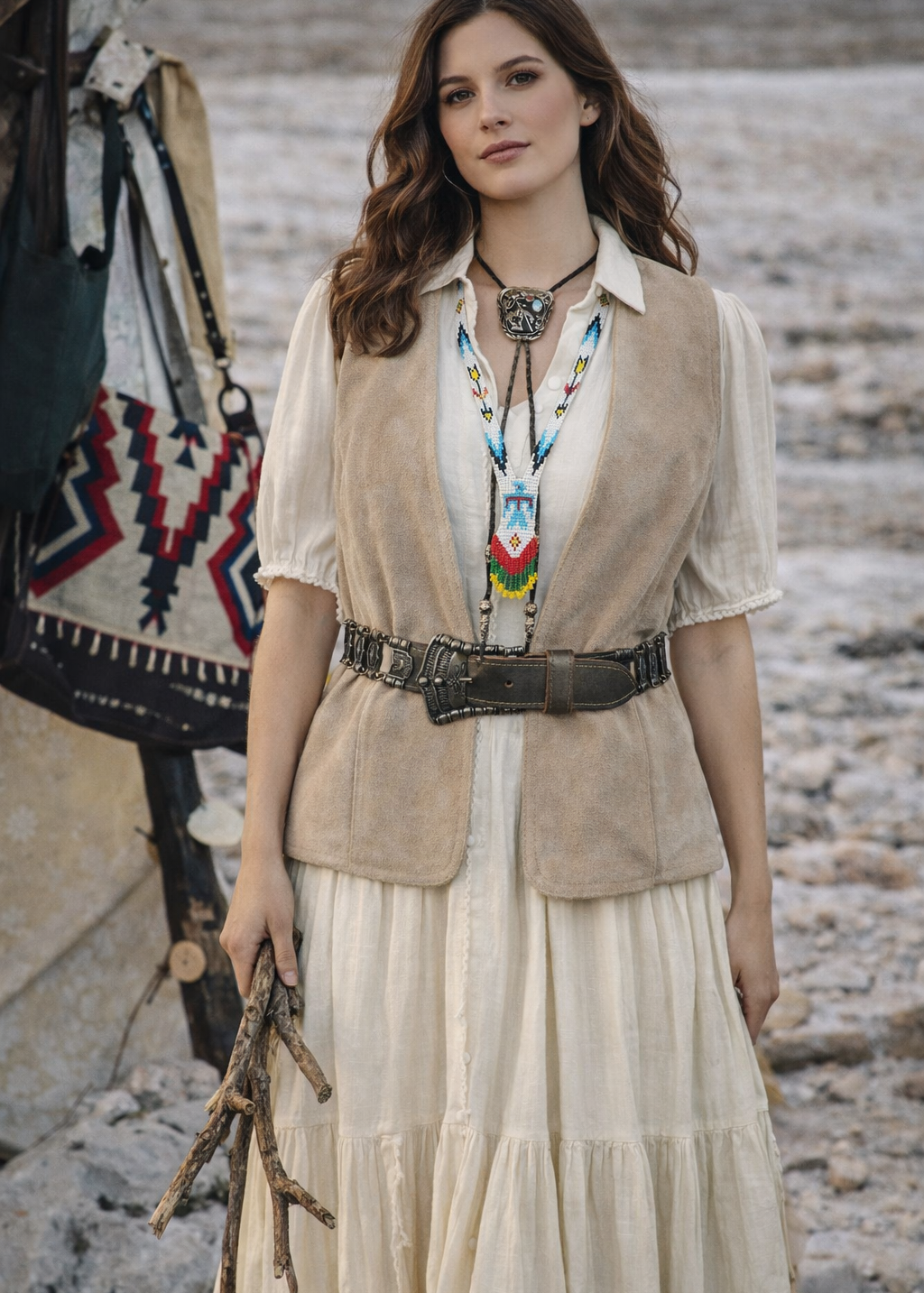 Woman in a beige vest and white dress with a colorful necklace, standing outdoors.