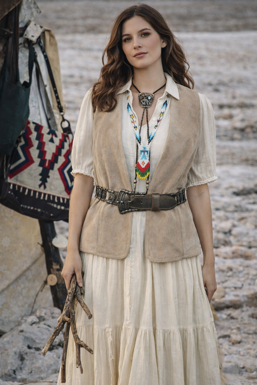 Woman in a beige vest and white dress with a colorful necklace, standing outdoors.