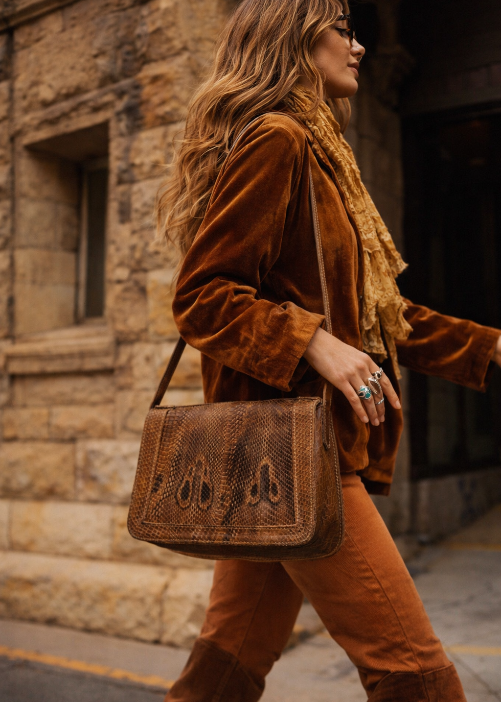 Woman in brown outfit with a textured bag walking on a street.