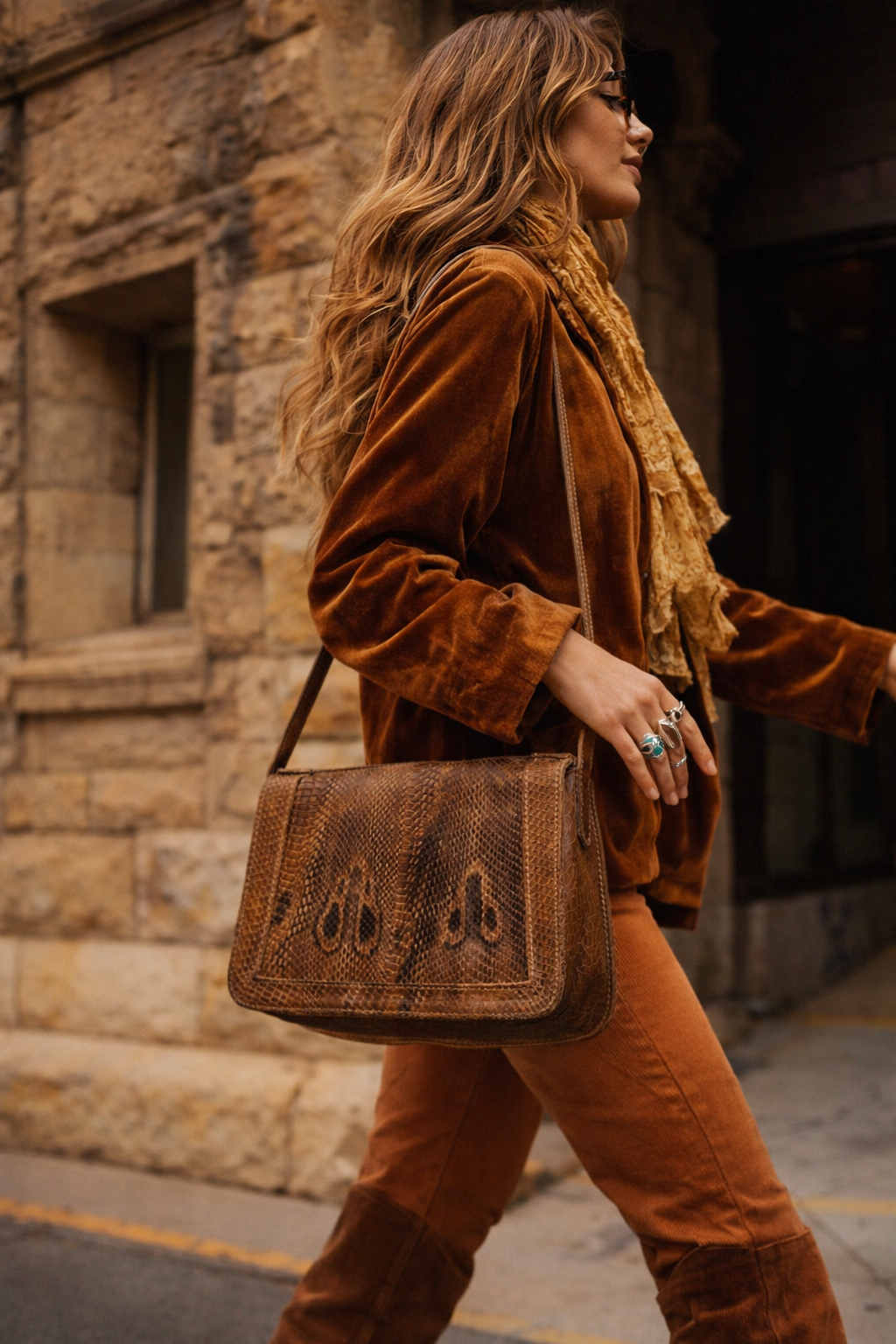 Woman in brown outfit with a textured bag walking on a street.