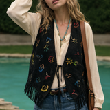 Hand-Painted Fringe Suede Vest – Size M