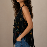 Hand-Painted Fringe Suede Vest – Size M