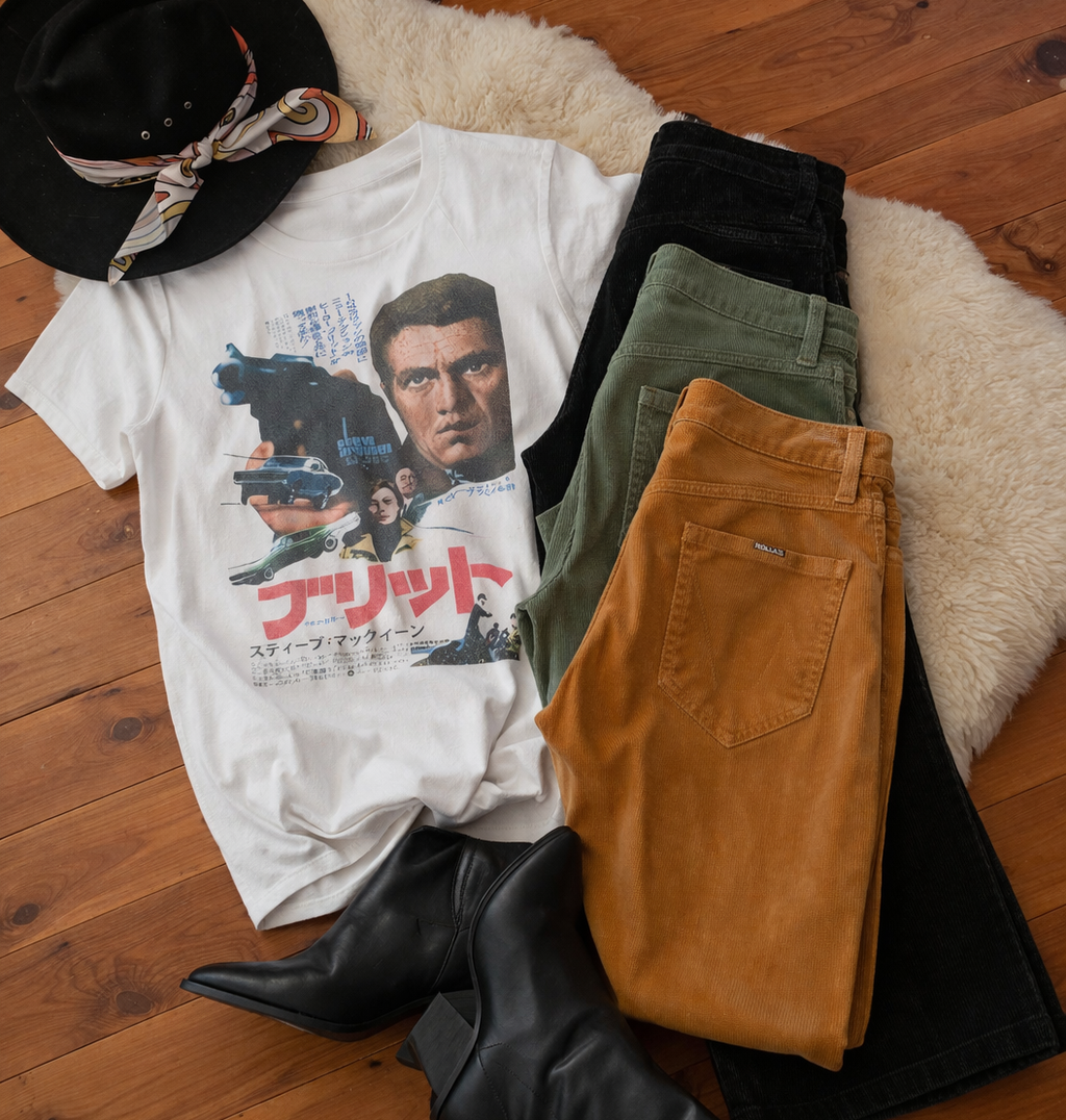 White t-shirt with graphic design, black jacket, green and brown pants on a wooden floor.
