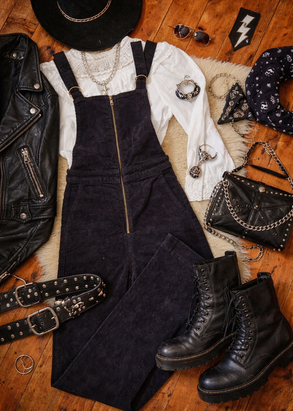 Black overalls, boots, jacket, and accessories on a wooden floor.