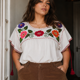 Hand Embroidered Cotton Linen Blouse | Size L