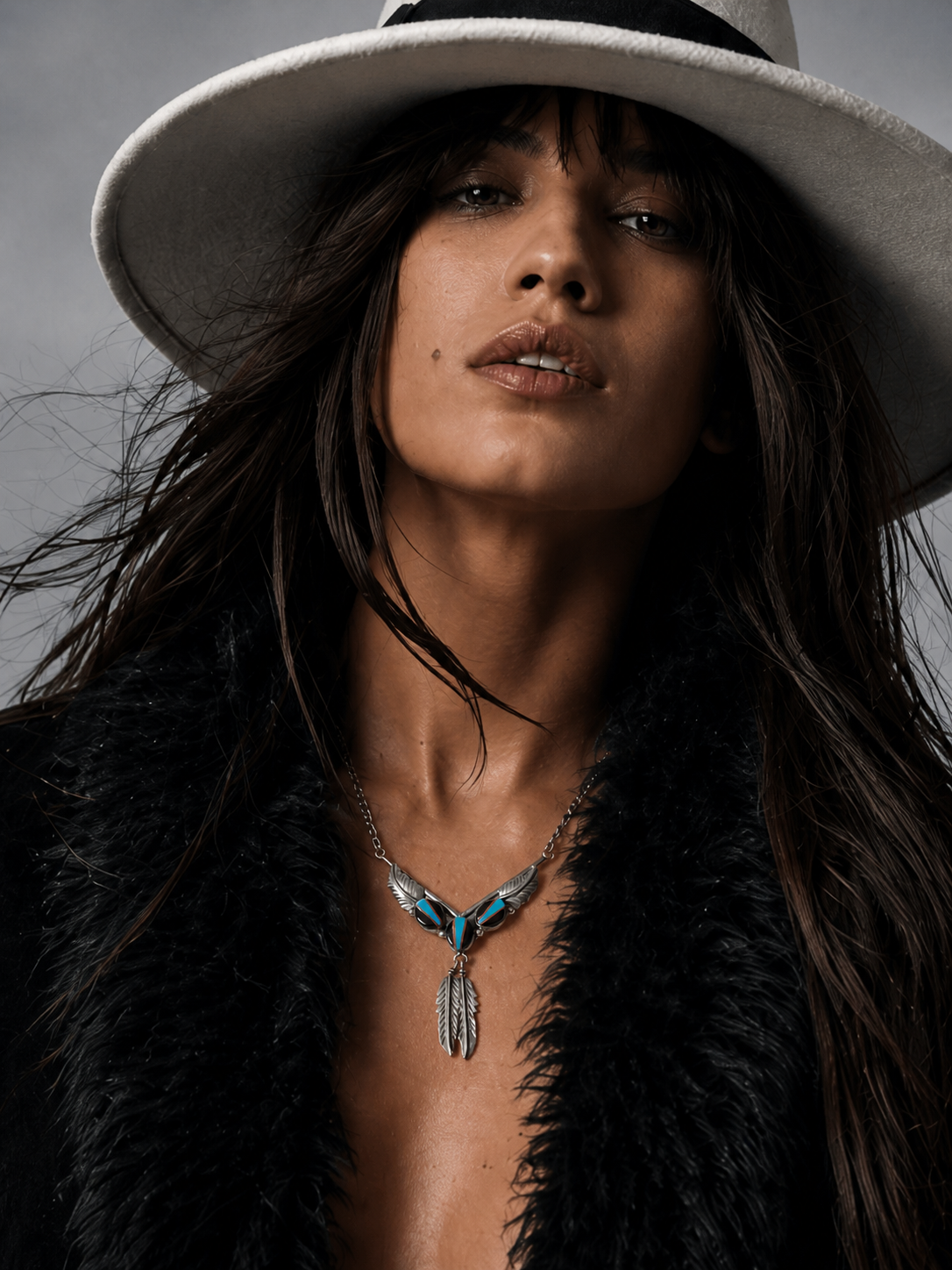 Vintage Zuni Sterling Silver Multi-Stone Inlay Feather Necklace