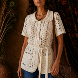 Cream Crochet Tie Waist Cardigan Top M