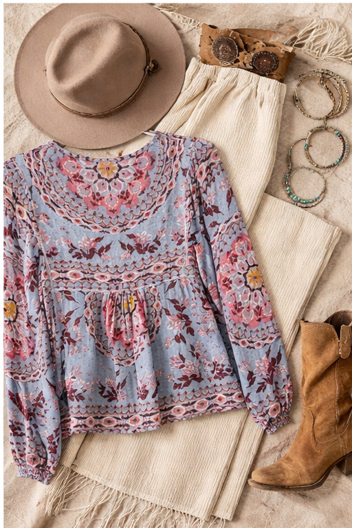 Floral blouse with a hat, boots, and jewelry on a textured surface
