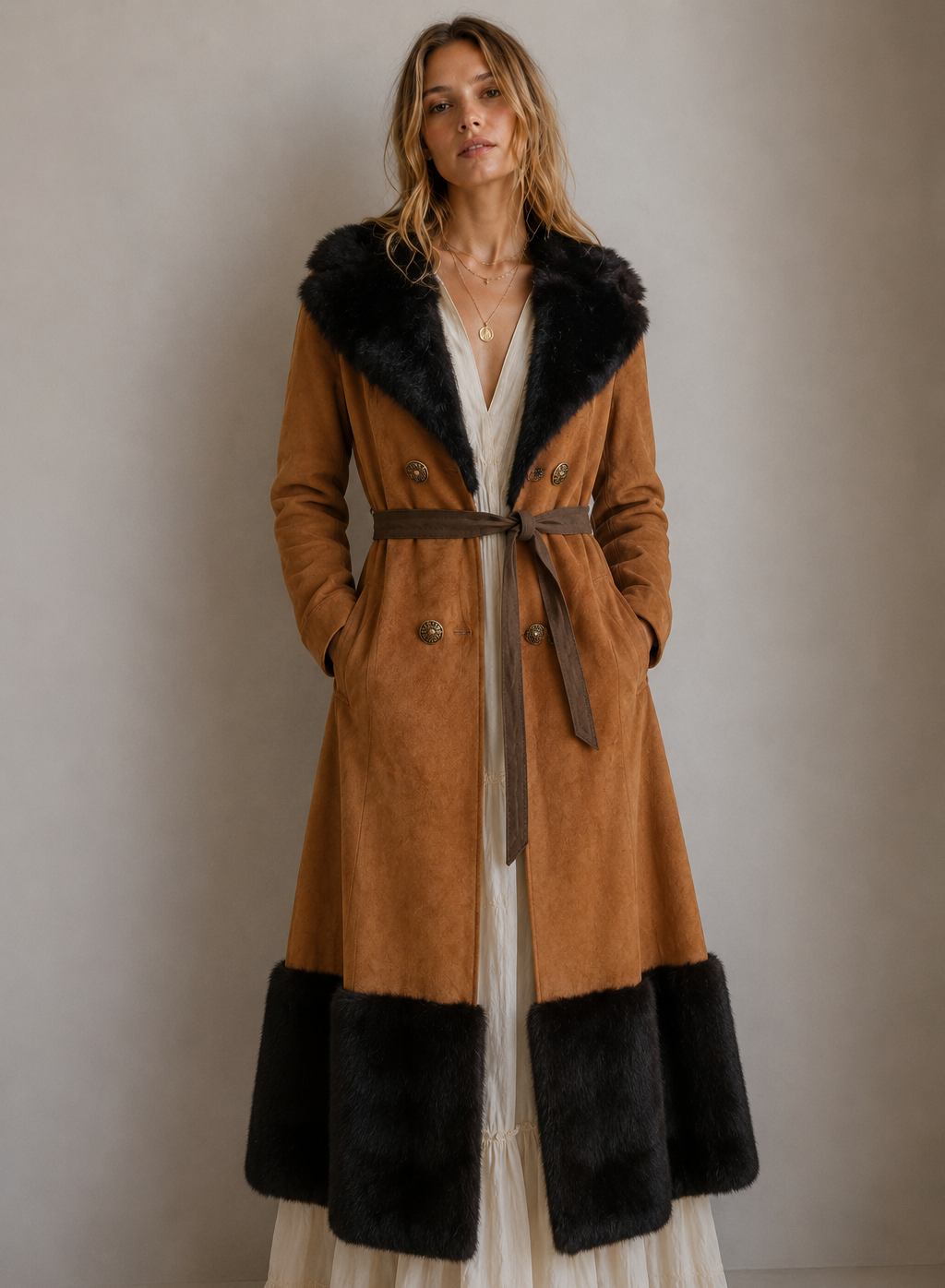 Woman wearing a long brown coat with black fur trim against a plain background