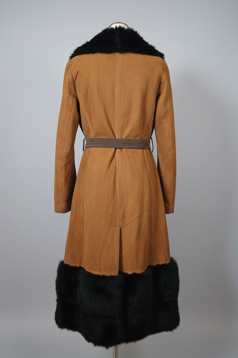 Brown leather jacket with black fur trim on a mannequin against a white background