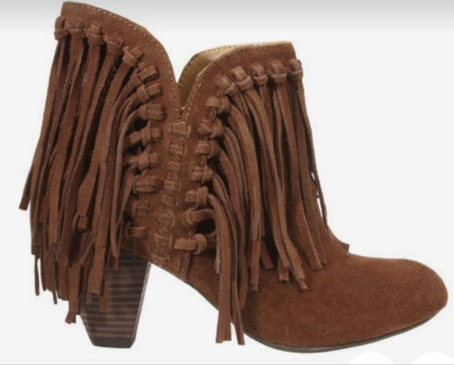 Ninewest Sz 39 Or 8 Runyon Chestnut Suede Western Cowboy Fringe Ankle Boot