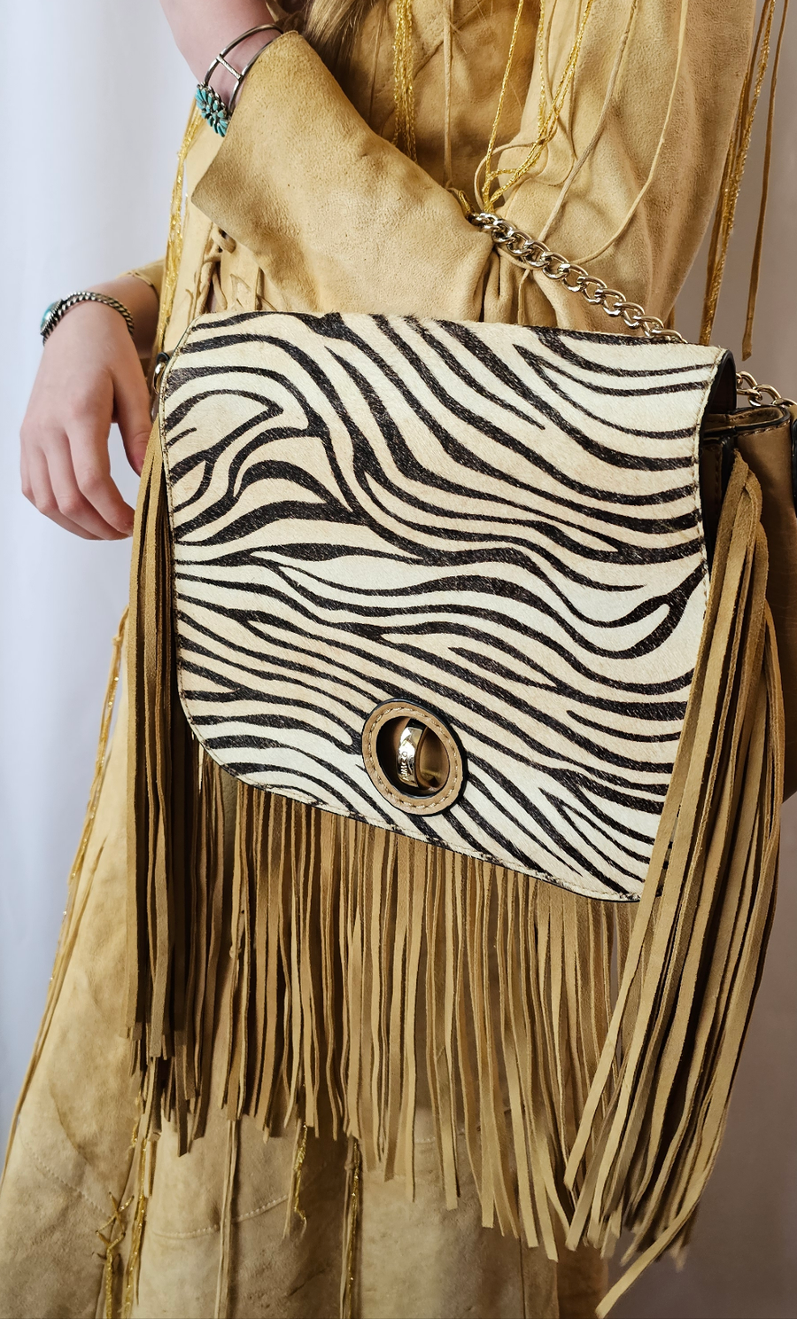 MIMCO ZEBRA PRINT FRINGE CLUTCH/HANDBAG