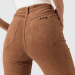 Close-up rear view of Rolla’s Dusters Bootcut cords in Tobacco, size 30, showcasing high-rise fit and back pocket detailing.