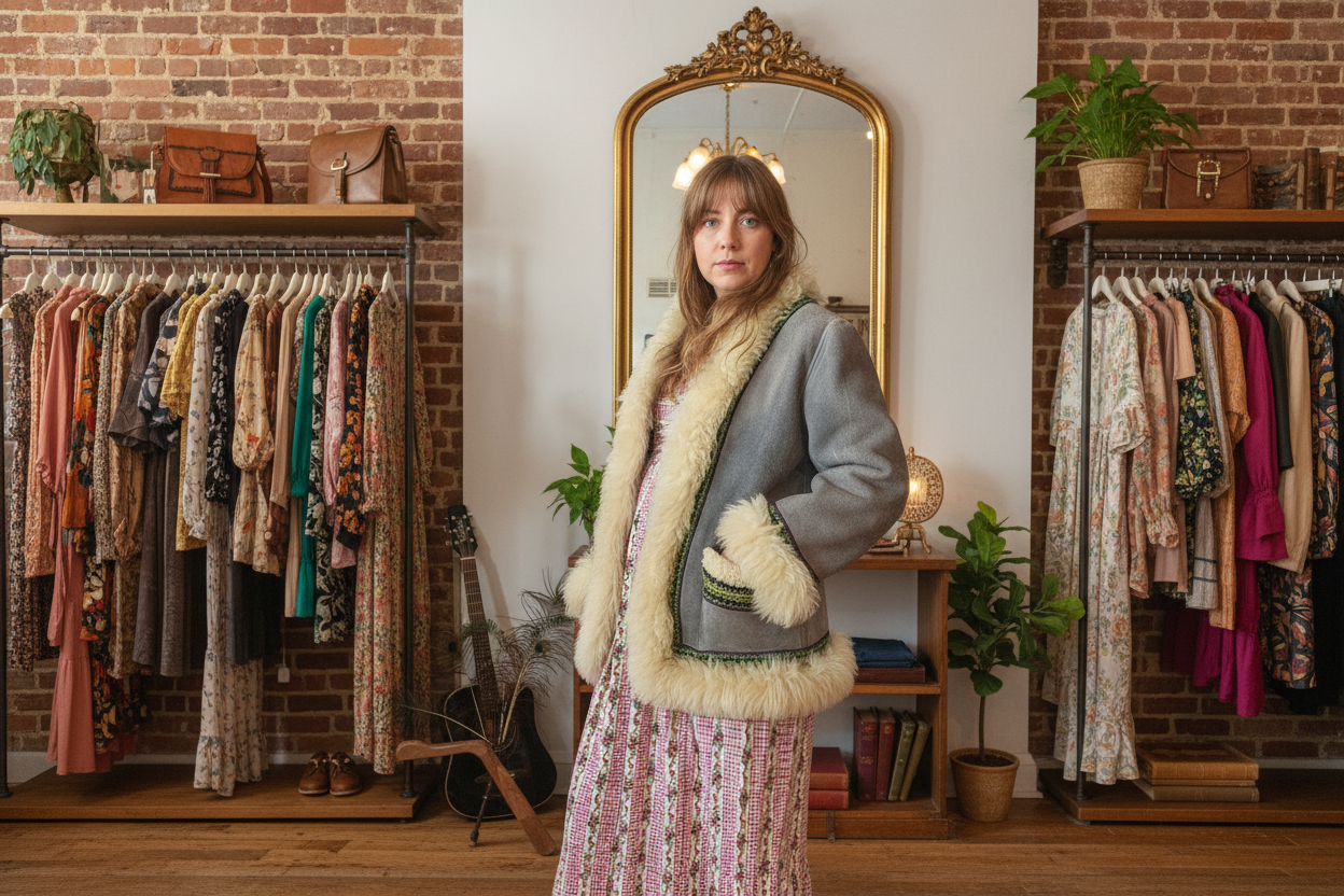 Person wearing a gray coat with beige fur trim, standing next to a guitar and decorative plants.