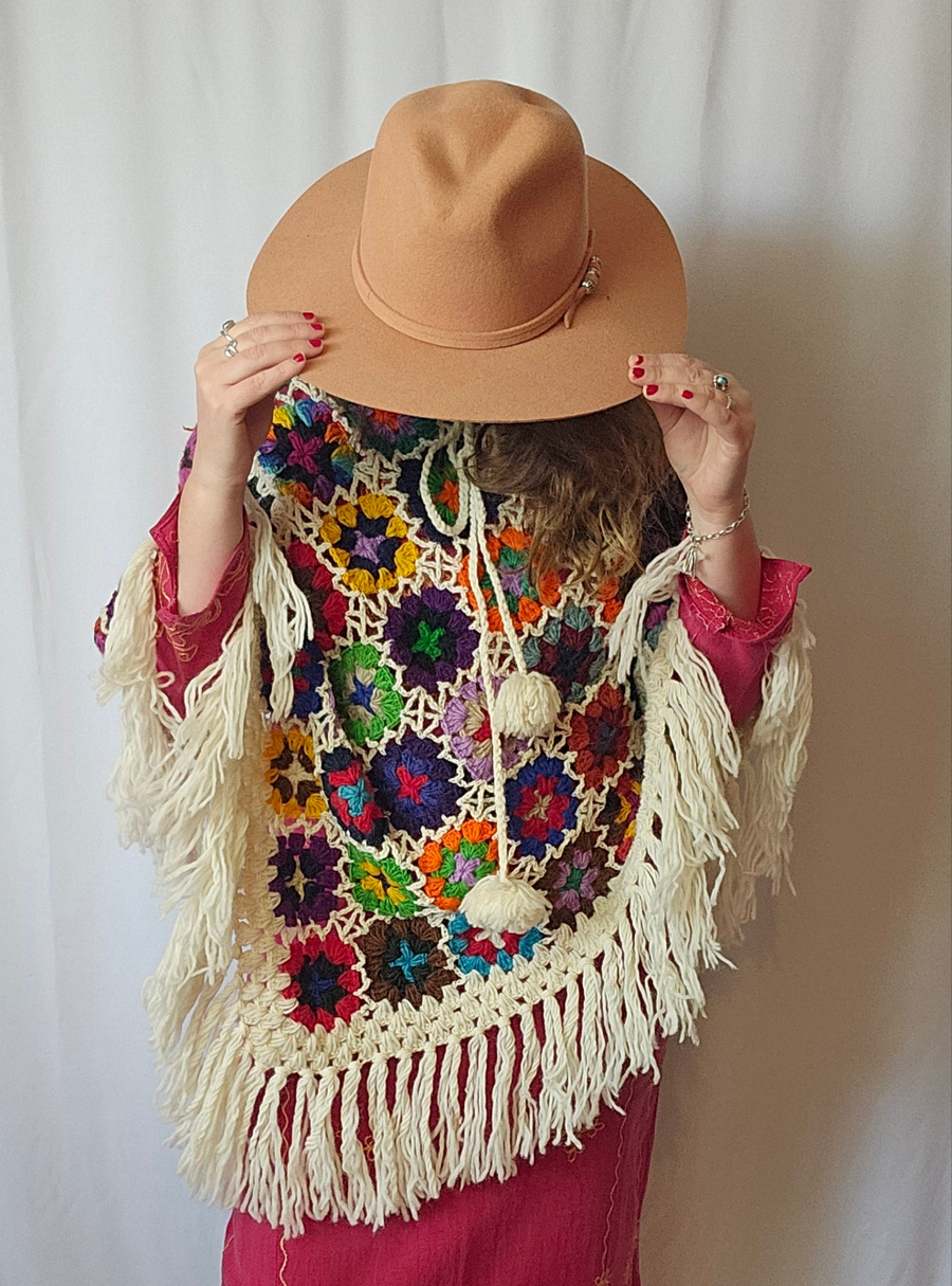 Made In Nepal Pure Wool Rainbow Flower Poncho Jacket OS Fringed Pom Poms